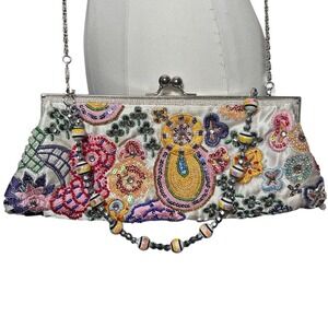 Beaded Floral Satin Clutch Bag Kiss Lock Silver Chain Boho Eclectic Festival